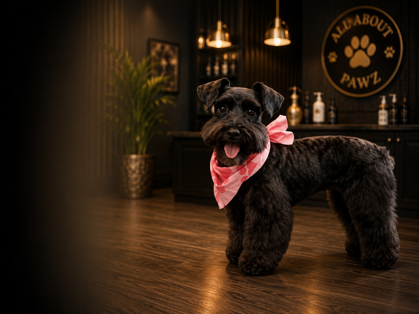 Black schnauzer dog standing proudly in the All About Pawz dog grooming salon