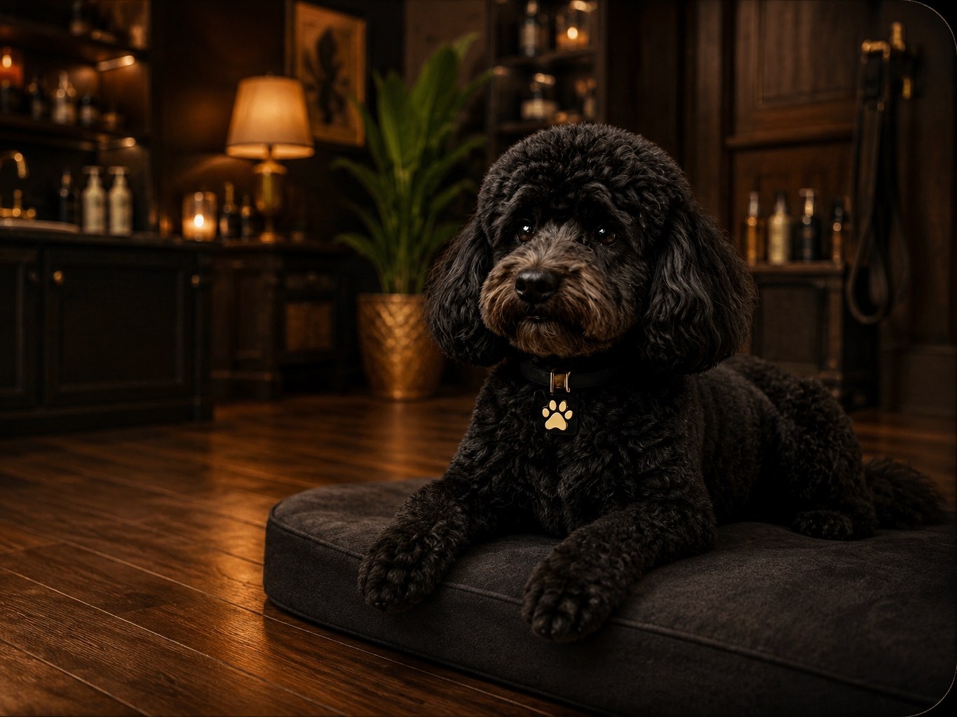 Black poodle resting on its plush cushion in the All About Pawz salon