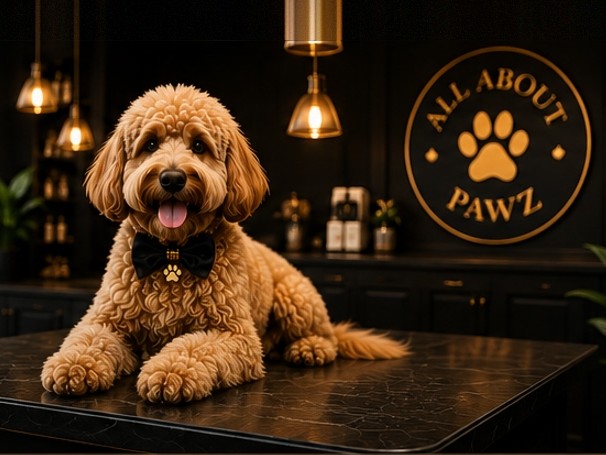 Golden doodle in a bow tie sitting beneath the All About Pawz sign