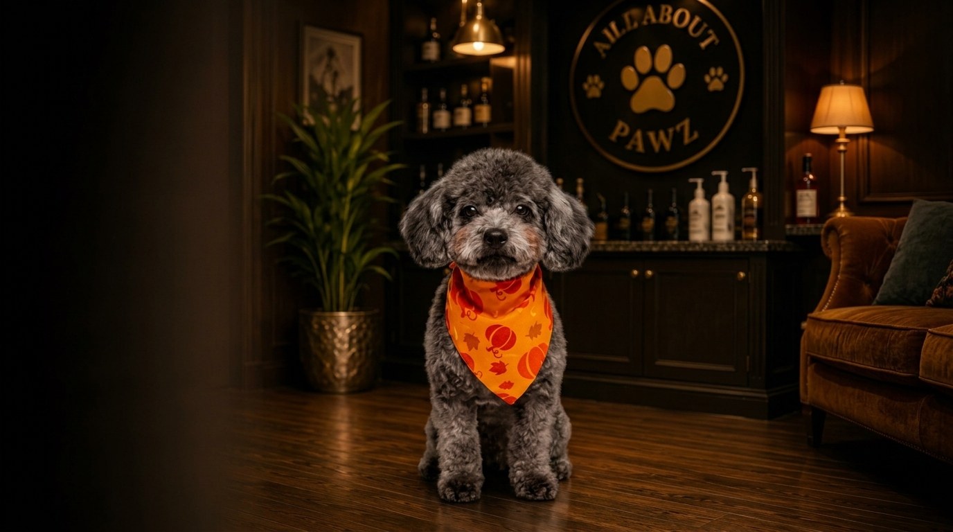 Gray poodle wearing a pumpkin bandana sitting in the All About Pawz grooming salon beneath the shop sign