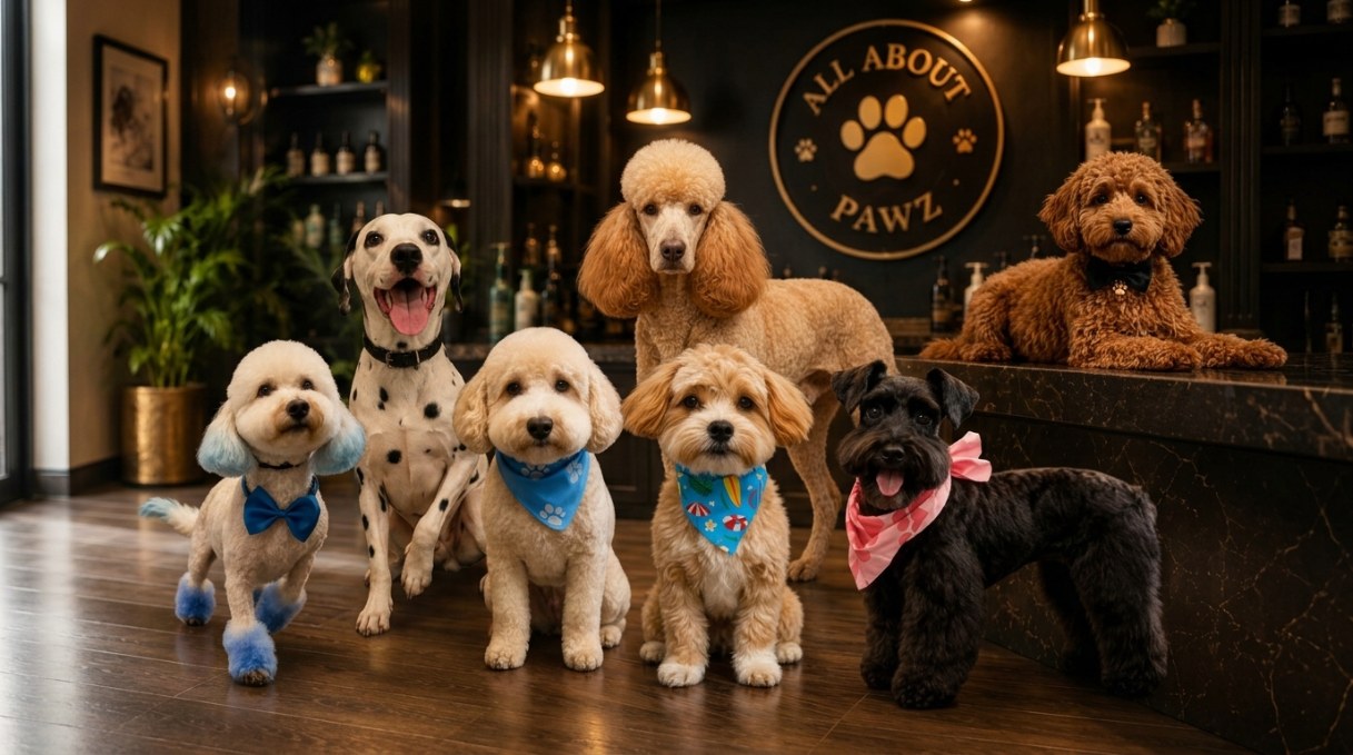 Seven dogs of different breeds posing together in the All About Pawz dog grooming salon beneath the shop sign