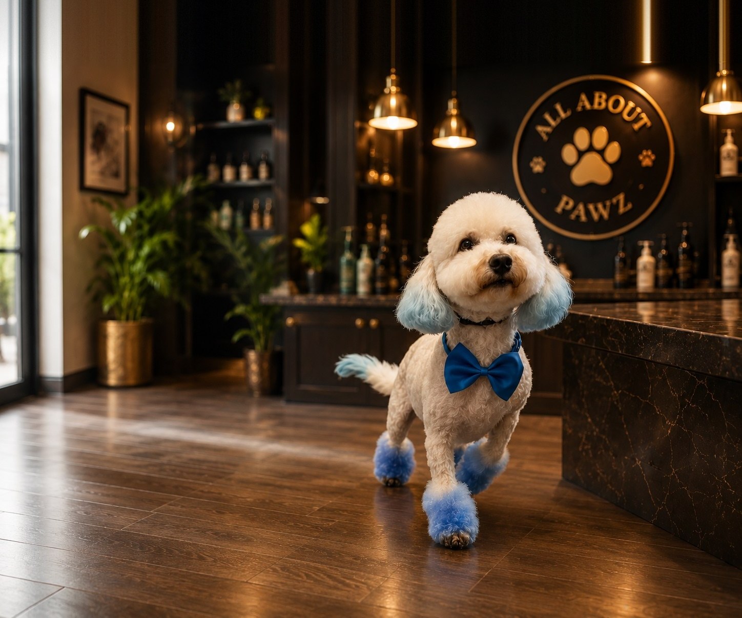 Fluffy white poodle with blue-tipped ears and a blue bow tie sitting in the All About Pawz salon