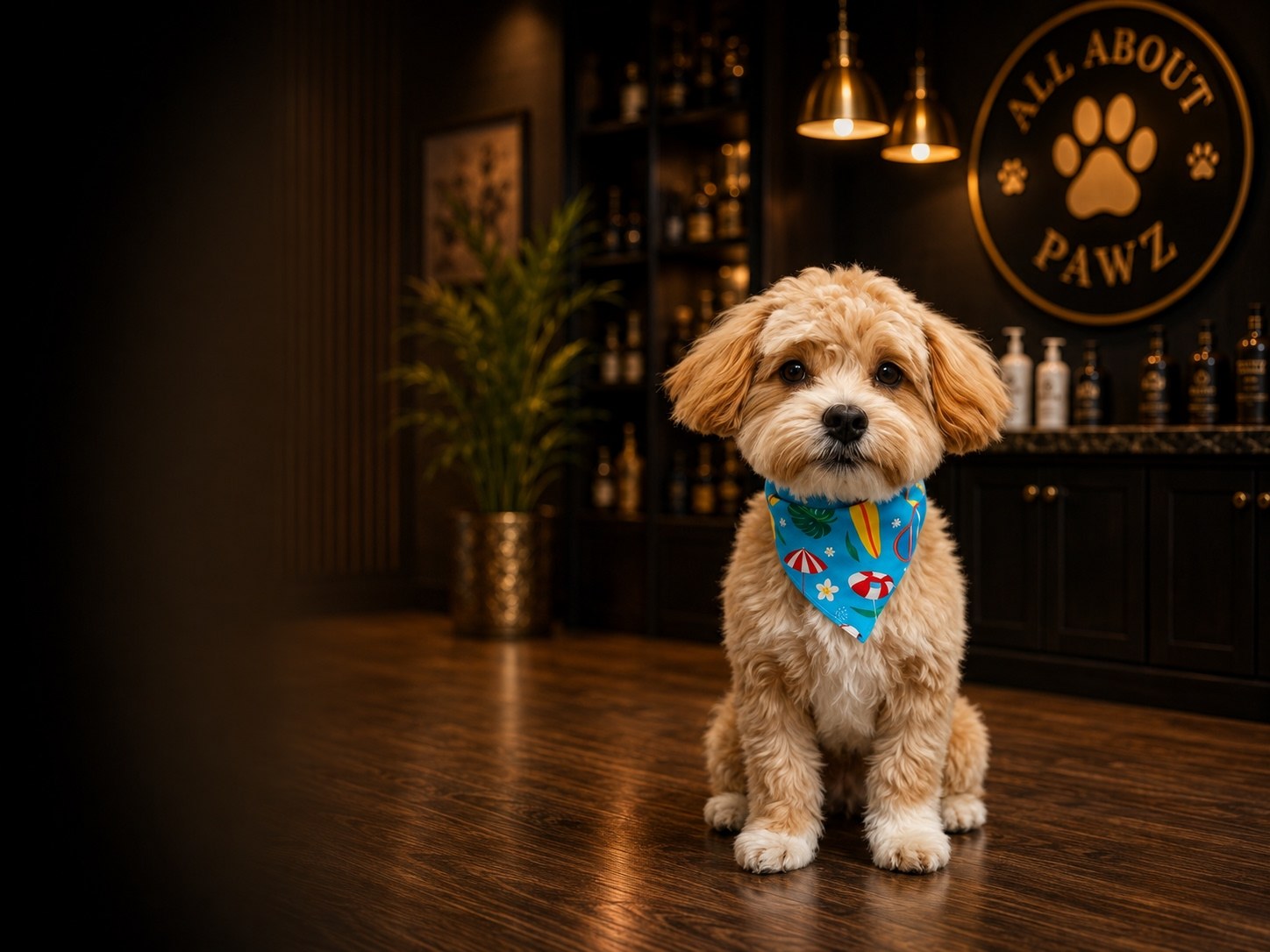 Fluffy tan maltipoo wearing a blue beach bandana sitting in the All About Pawz grooming salon