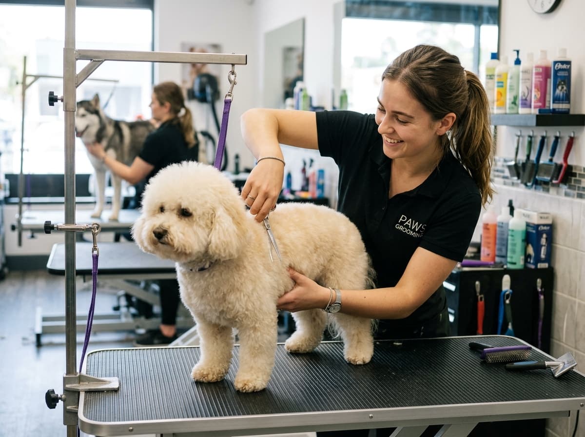 A groomer with a dog