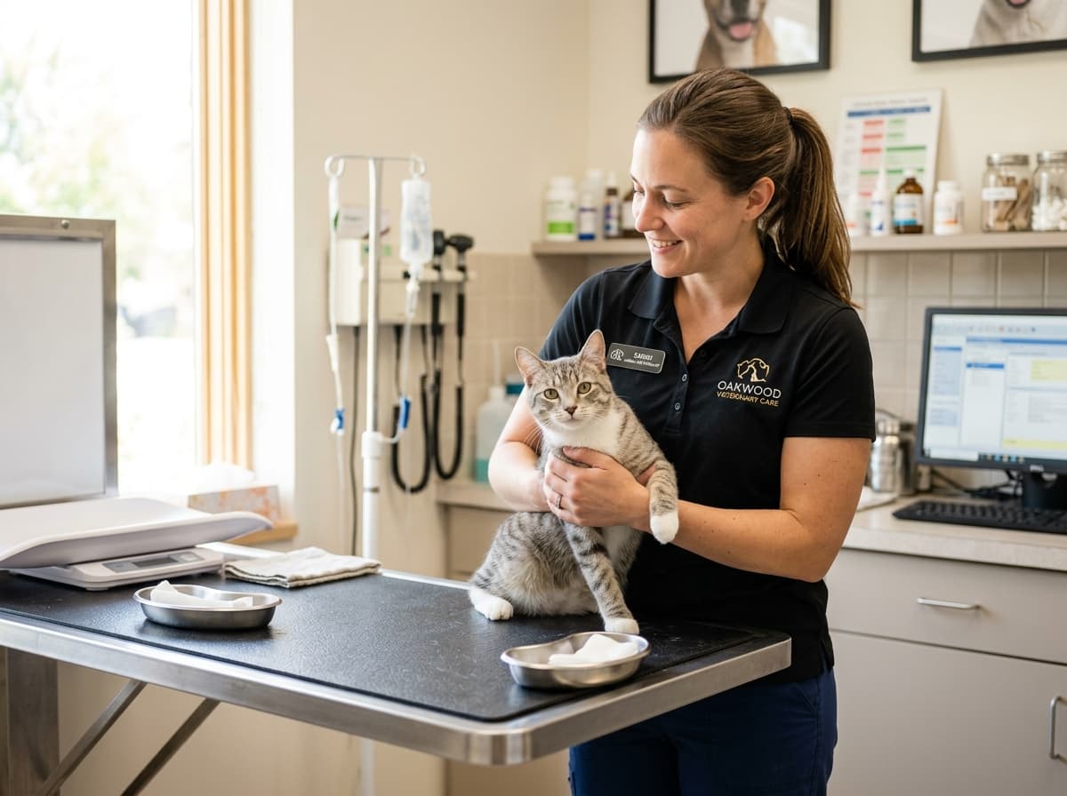 Veterinarian discussing a tabby cat's health with its owner