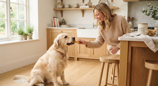 Golden Retriever sitting happily in an airy, sun-drenched Scandinavian oak kitchen receiving a crisp, golden-baked artisan bone biscuit from a smiling woman wearing a warm beige ribbed knit sweater, soft Nordic lighting, serene luxury atmosphere