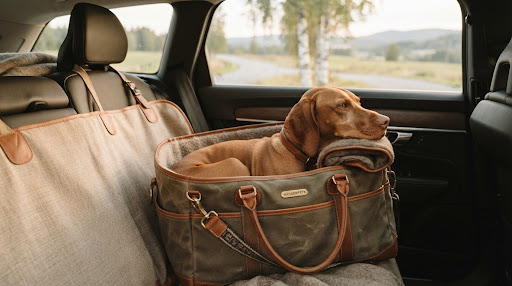 Dog resting comfortably inside a premium canvas travel carrier in an automobile