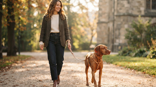 Warm, editorial lifestyle photograph of an elegant dog wearing a minimal aesthetic leather or woven collar and sleek matching harness with brass hardware