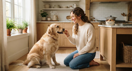 Warm natural-lit Scandinavian kitchen scene showing a joyful young woman in a cozy cream cashmere knit kneeling on an oak floor, lovingly feeding a freshly baked golden rectangular biscuit treat to an affectionate Golden Retriever.