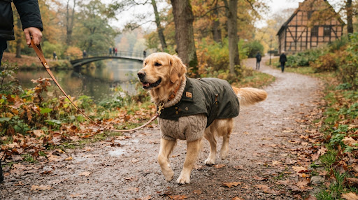 Warm editorial lifestyle photograph of an adorable golden retriever or stylish dog wearing a cozy knit beige sweater and minimal aesthetic waterproof raincoat