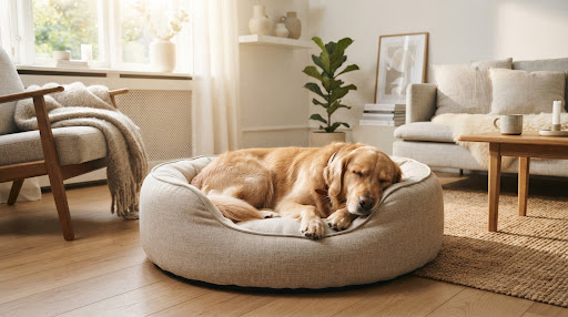 Warm, editorial lifestyle photo of a calm, happy dog resting comfortably in an elegant, modern orthopedic dog bed with neutral linen fabric