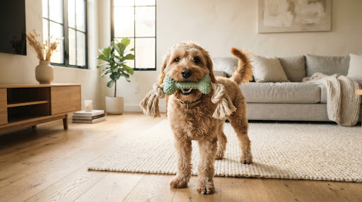 Warm, editorial lifestyle photograph of a playful, happy dog holding a durable natural rubber or organic rope chew toy in its mouth