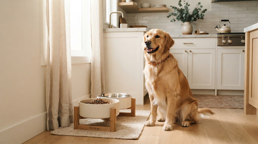 Warm, premium lifestyle photo of a happy golden retriever sitting next to modern ceramic and stainless steel elevated dog feeding bowls