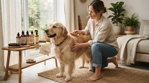 Warm, editorial lifestyle photograph of a healthy dog being groomed with care