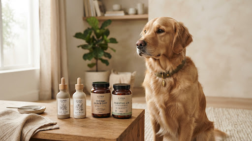 Warm, editorial lifestyle photograph of an elegant dog receiving gentle health and wellness care