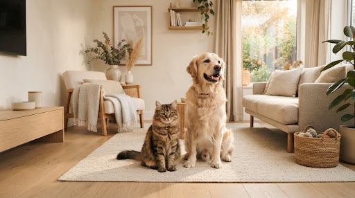 Curated pet lifestyle photograph of golden retriever and domestic cat together in a modern Scandinavian living room